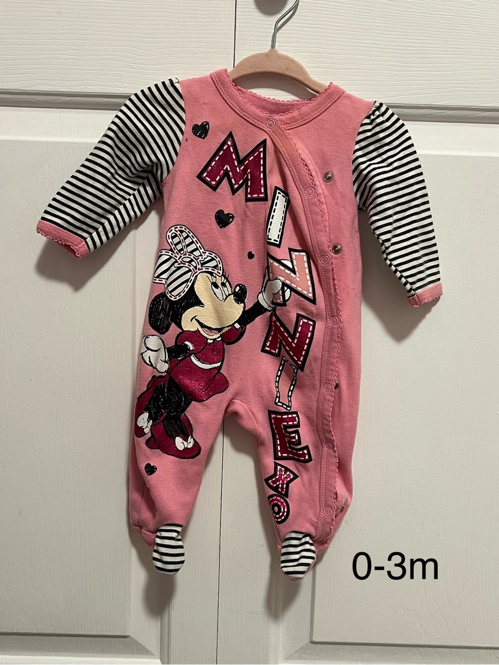 Disney Minnie Mouse Pink Footed One-Piece with Black & White Stripes